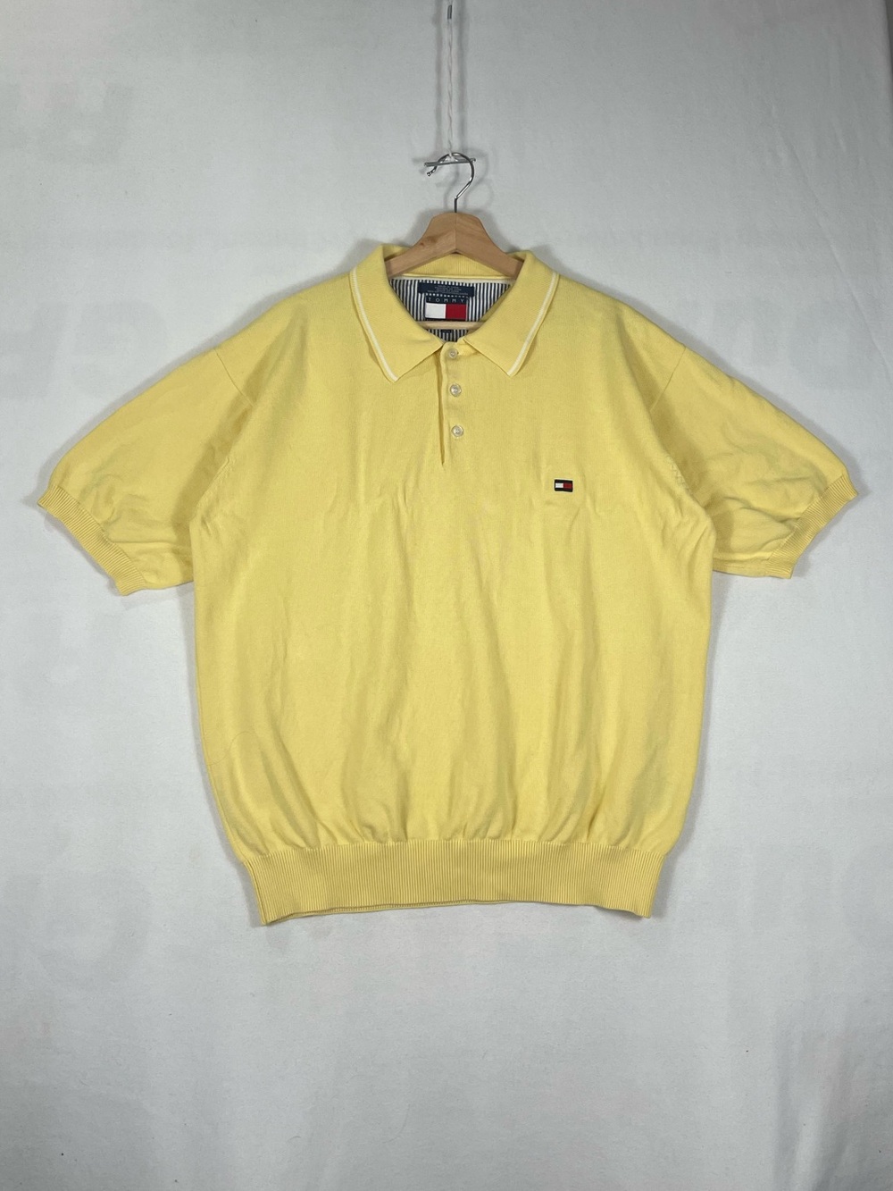 Vintage Tommy Hilfiger Yellow Cotton Short Sleeve Sweater Button Polo Golf Sz XL